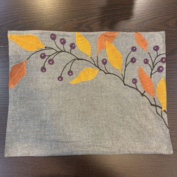 6 Crate & Barrel Rona Amber Cotton Placemats  Orange Purple Embroidered Fall - Picture 2 of 7